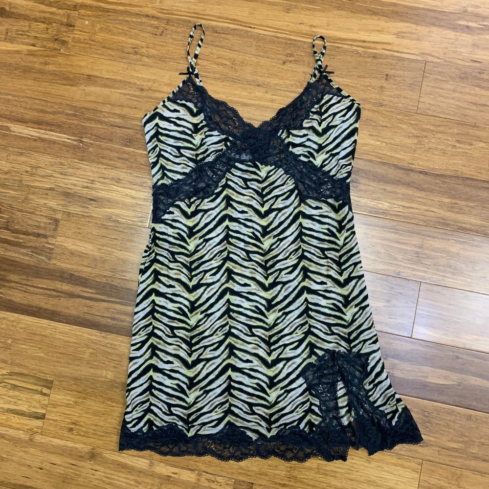 Victorias Secret Slip Dress Womens Size Small Green Black Lingerie Lace Animal‎